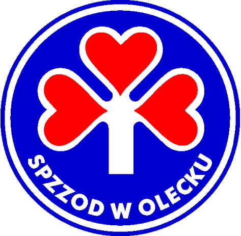 Logo przedstawia trzy czerwone serca w kształcie liści wyrastające z białego pnia na niebieskim tle. Wok&oacute;ł okręgu widnieje napis: &bdquo;SPZZOD w Olecku&rdquo;.